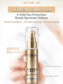 LOREAL UV Perfect Gold Tube Sunscreen 15/30ml, Broad Spectrum Protection, City Defense, High SPF, Suitable For Daily/Outdoor Use, Water-Resistant, Oil-Control, Non-Greasy, Lightweight Texture, Suitable For All Skin Types Including Sensitive Skin, Moisturizing And Nourishing, Long-Lasting Protection, Ideal For Outdoor Activities And Commuting, Enriched With Vitamin E And Natural Plant Extracts