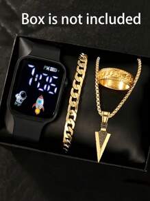 4件套，1件全新LED数字心形电子手表和3件十字/箭头合金戒指项链手链套装。万圣节、圣诞节、情人节、母亲节等节日礼物的最佳选择