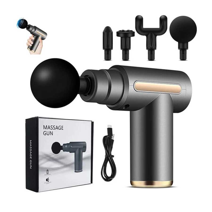 Portable Handheld Electric Massage Gun, Mini Massage Gun, 1200mAh Rechargeable Lithium Battery, 4 Accessories, 6-Speed Deep Tissue Massage, Suitable For Body, Back, Neck - USB Charging, Travel Essentials - Xám - Xem 1