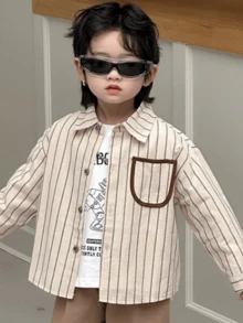 Young Boy Casual Vertical Striped Long Sleeve Shirt - Apricot - View 8