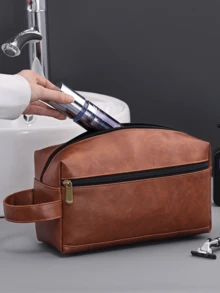 男士防水旅行洗漱包便携式化妆品收纳包拉链手提包复古缝线PU皮革洗漱包大容量旅行商务男士便携式洗漱包男士礼物圣诞袋防水背包复古男士礼物情人节 - 彩色 - 查看 5