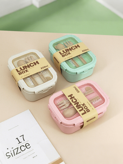 niceforyou 1pc Student Lunch Box, 2-Compartment Design, Built-In Utensils, Reusable Round And Square Lunch Box, Microwave , Portable And Lightweight, Refrigerator Fresh, Suitable For Kitchen, Outdoor, School, Halloween, Christmas Gift, Back To School