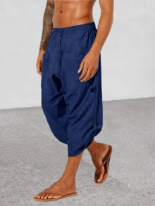Mens Drawstring Linen Harem Capri Pants 3/4 Shorts Casual Beach Yoga Hippie Thai Pants - Blue - View 1