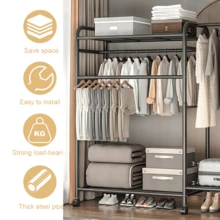 Lislark Heavy Duty Clothing Rail Clothes Rail Rack Closet Rails Coat Rail Wardrobe For Bedroom Free Standing Metal Hanging Garment Coat Rack Tidy Rails With Rolling Wheels (Heavy Duty-Black/White) ﻿ - Black - View 2