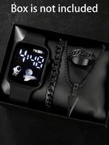 4件套，1件全新LED数字心形电子手表和3件十字/箭头合金戒指项链手链套装。万圣节、圣诞节、情人节、母亲节等节日礼物的最佳选择