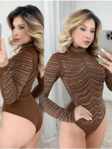 Women's Tulle Bodysuit With Long Sleeves And High Neckline And Premium Rhinestones - 鏽棕色 - 查看 3