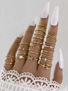 22/21pcs Heart-Shaped Fashion Rings, Minimalist Crystal Embedded Bohemian Geometric Ring Set, Gift For Valentine's Day, Mother's Day - Silver - View 2