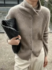 EAVA 时尚女士高领开衫保暖针织衫长袖常规长度纽扣前襟罗纹针织 - 咖啡棕 - 查看 3