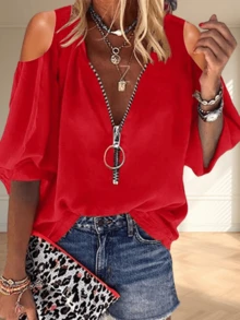 Womens V-Neck Lantern Sleeve Blouse Zipper Design Loose Casual Top Shirts - 紅色 - 查看 2