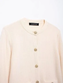 Nuevo Seelio Cardigan de punto con acento de botón dorado, para otoño/primavera - Beis - Ver 8