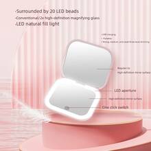Espejo de maquillaje LED mini, equipado con un espejo plano de alta definición, tres ajustes de brillo, presión prolongada para ajuste de brillo infinito, 2x de aumento, puerto de carga USB desmontable, diseño plegable y abatible, mini, ligero y fácil de transportar, para retoques fáciles.