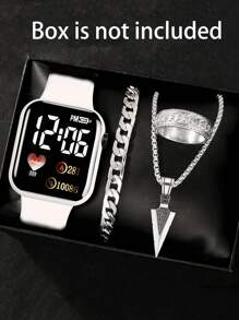 4件套，1件全新LED数字心形电子手表和3件十字/箭头合金戒指项链手链套装。万圣节、圣诞节、情人节、母亲节等节日礼物的最佳选择