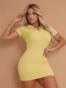 Women's Short Polo Neck Ribbed Premium Tube Dress, Gringa Fashion - Yellow - View 3