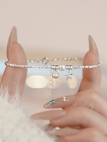 1 pieza Pulsera de plata de ley 925 con perla, estrella de mar y concha - Diseño único inspirado en la playa, adornado con placas de plata, regalo perfecto de verano para mamá o para crear looks costeros elegantes