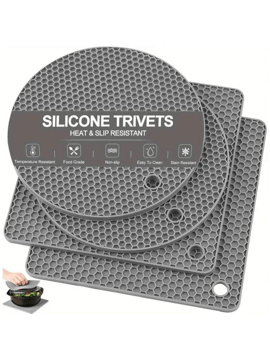 Juego de 4 salvamanteles de silicona - Soportes para ollas resistentes al calor y antideslizantes, almohadillas calientes de cocina, tapete de silicona duradero para platos, abrebotellas y posavasos de uso múltiple