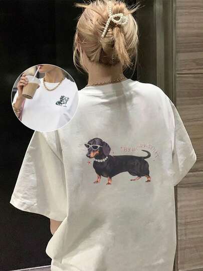 Koszulka damska z prążkowanej bawełny z nadrukiem "Kiełbasa Szczeniak", styl college'owy, wiosna-lato, nowa, sportowa, damska, drapowana, modna, miękka i oddychająca, damska koszulka z krótkim rękawem