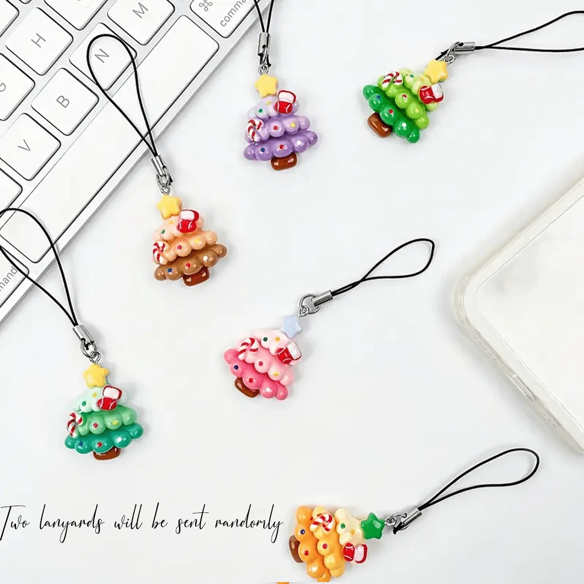 DIY圣诞树手机挂绳 创意手机挂件挂绳 手机链吊坠 书包小挂饰（挂绳和吊饰分开，随机发两条挂绳）