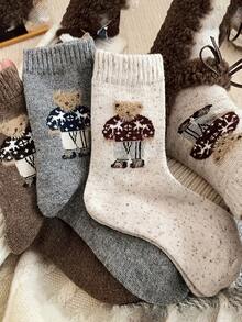 3/5 Pairs Random Vintage Cartoon Polka Dot Cute Bear Mid-Calf Socks, Autumn/Winter - Multicolor - View 7