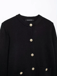 Seelio New Arrival Gold Button Accent Knit Cardigan, Autumn/Spring - Black - View 10