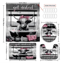4PCS Fashion Highland Cow Shower Curtain Sets With Rugs, Waterproof Fabric Grey Shower Curtain, Funny Quotes Bull Cattle Pink Floral Bag High Heels Perfume Bathtub Bubble Modern Bathroom Decor