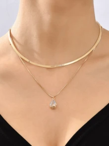 2 chiếc vòng cổ mặt dây chuyền bằng đồng thau hình giọt nước đính đá Zirconia kèm dây chuyền lụa vàng, vòng cổ hai lớp phong cách khí chất dành cho nữ, vòng cổ kim cương - Vàng - Xem 1