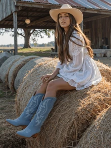 Women's Cowboy Boots, Faux Suede Embroidered Pointed Toe, Thick High Heel, Western Style, Wide Calf, Cowgirl Open Toe Mid-Calf Boots - Màu xanh lam - Xem 2