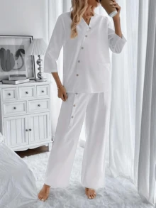 SANOPY Women's Solid Color Casual Five-Quarter Sleeve Wide-Leg Pants Suit - trắng - Xem 2