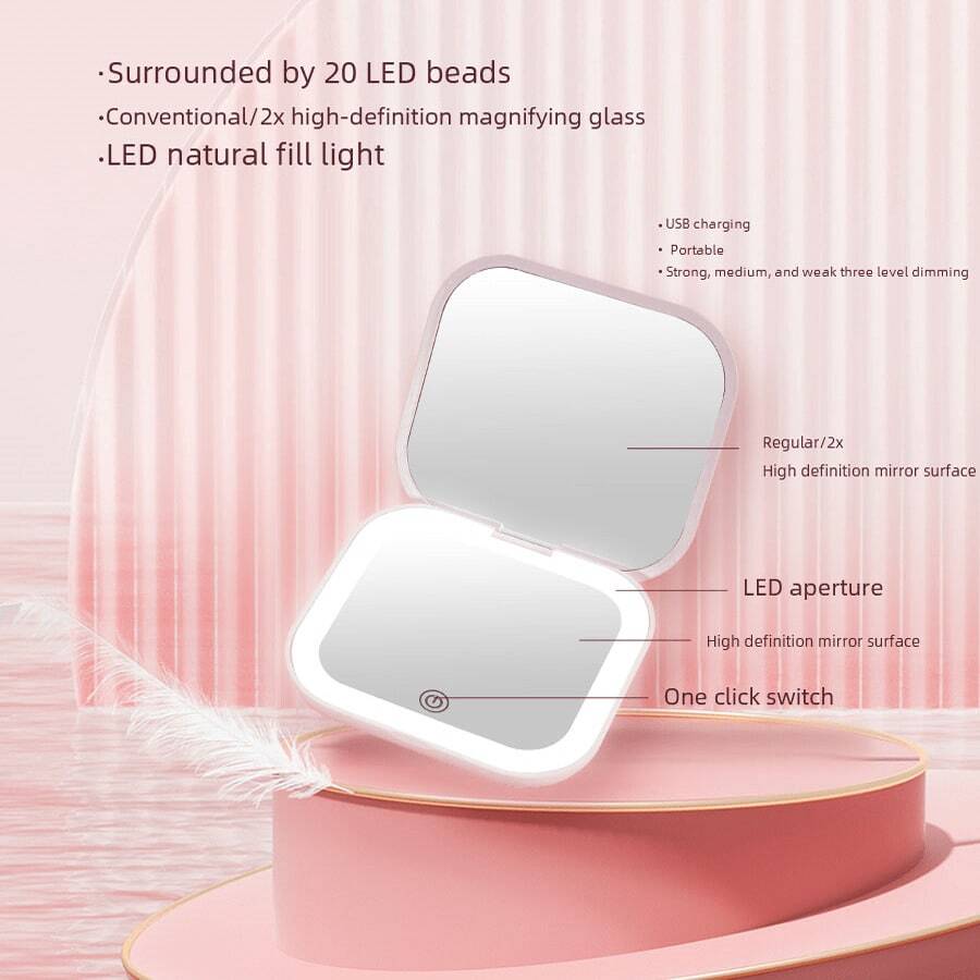 Espejo de maquillaje LED mini, equipado con un espejo plano de alta definición, tres ajustes de brillo, presión prolongada para ajuste de brillo infinito, 2x de aumento, puerto de carga USB desmontable, diseño plegable y abatible, mini, ligero y fácil de transportar, para retoques fáciles.