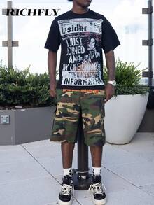 Print Men's Summer Round Neck Short,Y2k Style Manfinity Sleeve Casual Cotton Cotton T-Shirt,Halloween - màu đen - Xem 4