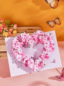 Opjoys 1 Floral Pattern Greeting Card, 1 Christmas Heart Card, Red Heart Cover, Christmas Heart Santa's Cottage, Christmas Heart Gingerbread House, Exquisite Christmas Gift, Suitable For Loved Ones, Colleagues, Family And Friends, Cherry Blossom Pattern, Also Suitable For Mother's Day, Spring, Thanksgiving, Birthday, Wedding, Valentine's Day And Other Occasions. - Pink - View 1