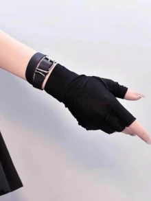1 双女士黑色哥特式露指弹性手套，适合万圣节臂套秋季时尚 - 黑色 - 查看 3