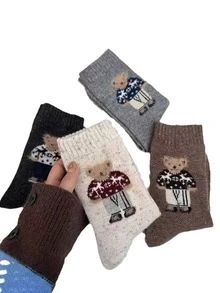 3/5 Pairs Random Vintage Cartoon Polka Dot Cute Bear Mid-Calf Socks, Autumn/Winter - Multicolor - View 9