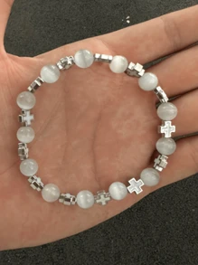 2pcs/1pc Vintage Fashion Stone Bead Cross Pendant & Beaded Bracelet Set, Casual Daily Wear, Gift For Boyfriend, Couple, Father, Son