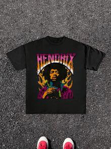 Flamekissed  Graphic Tee Featuring Retro Rock Legend Portrait And Distressed Band Name Is 220g Classic Music Fan Cool Tshirt For Casual Wear - 黑色 - 查看 1