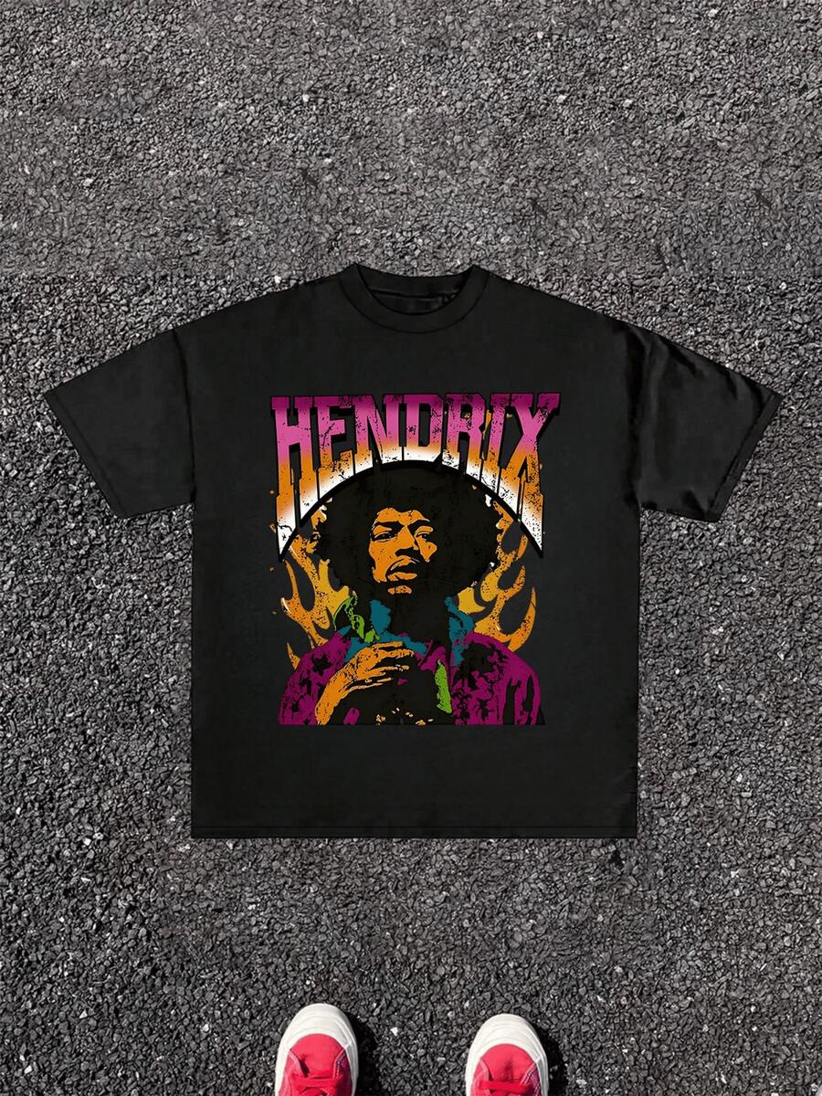 Flamekissed  Graphic Tee Featuring Retro Rock Legend Portrait And Distressed Band Name Is 220g Classic Music Fan Cool Tshirt For Casual Wear - 黑色 - 查看 1