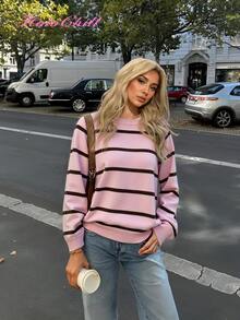 Áo len nữ HoloChill cổ tròn kẻ sọc phối màu, kiểu dáng thường ngày, bộ sưu tập mới mùa hè 2026 nhân dịp Lễ Tình nhân. - Hồng - Xem 10