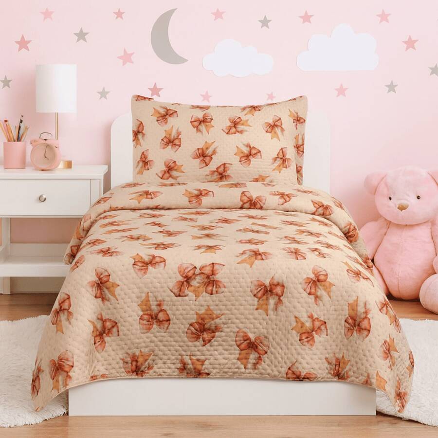 Double-Sided Children's Quilt Kit, 2 Pieces, Kids Characters Printed, Habitat Bedspread - Ruy băng cam - Xem 1