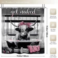 4PCS Fashion Highland Cow Shower Curtain Sets With Rugs, Waterproof Fabric Grey Shower Curtain, Funny Quotes Bull Cattle Pink Floral Bag High Heels Perfume Bathtub Bubble Modern Bathroom Decor