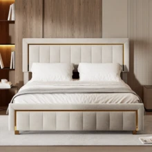 HOKZYHOUSE Letto imbottito 140 x 200 cm, letto matrimoniale con contenitore idraulico e rete a doghe, letto contenitore, righe verticali con bordi dorati, velluto, beige - Beige - Visualizzare 2