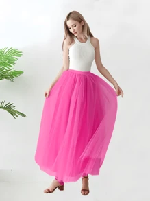 1pc Women High Waist Mid-Length Skirt, Available In Dusty Pink, Lake Blue, Olive Green, Bluish Gray, Champagne, Black, White, Red, 4-Layer Tulle Skirt, Pleated Skirt, Maxi Swing Skirt, Tutu Skirt, Lolita Decor Skirt, Suitable For Wedding, Bridesmaid, Party, Cosplay, Stage Performance Fall Clothes For Women