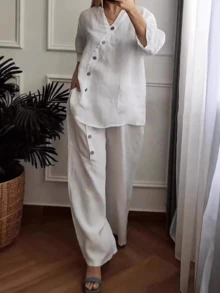 SANOPY Women's Solid Color Casual Five-Quarter Sleeve Wide-Leg Pants Suit - trắng - Xem 1