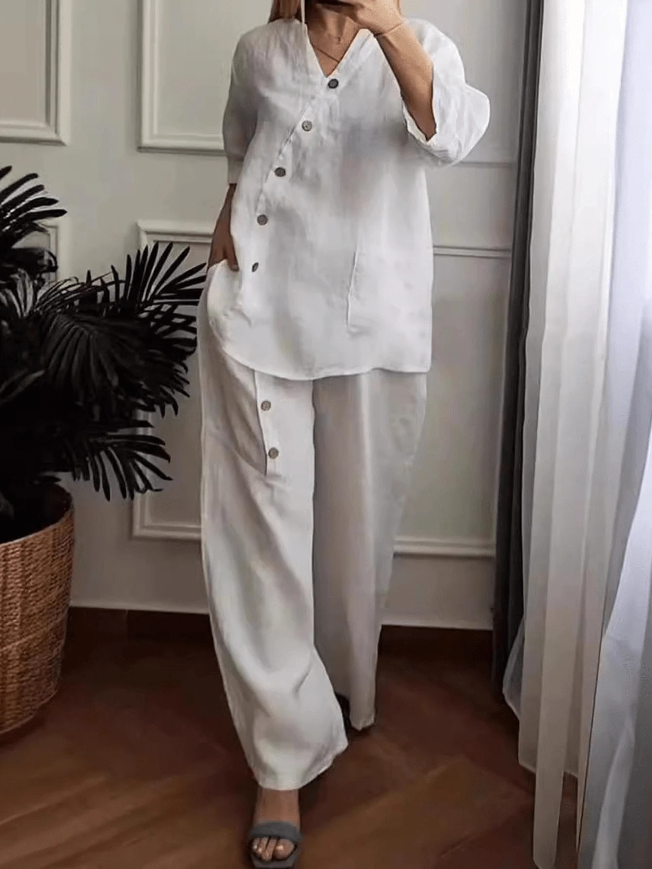 SANOPY Women's Solid Color Casual Five-Quarter Sleeve Wide-Leg Pants Suit - trắng - Xem 1