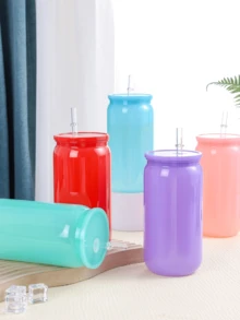 1PC/6pcs Colorful Plastic Cups With Lids And Straw PET Can Replacement For Water Bottle Shaped Cute Tumbler Drinking Plastic Cups For Party, Coffee, Milk Outdoor Sippy Cup Simple