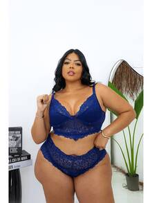 Plus Size Lingerie With Reinforced Straps Cropped And Briefs Plus Size Set - Navy Blue - View 1