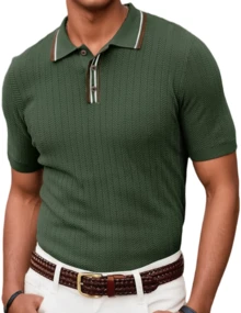 hoteel Mens Knitted Short Sleeve Textured Pullover Polo Shirt Comfortable Stylish Pullover Top For Casual - xanh quân đội - Xem 2
