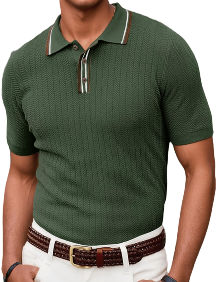 hoteel Mens Knitted Short Sleeve Textured Pullover Polo Shirt Comfortable Stylish Pullover Top For Casual - 軍綠色 - 查看 2