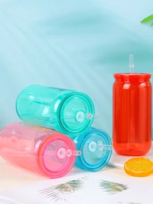 1PC/6pcs Colorful Plastic Cups With Lids And Straw PET Can Replacement For Water Bottle Shaped Cute Tumbler Drinking Plastic Cups For Party, Coffee, Milk Outdoor Sippy Cup Simple