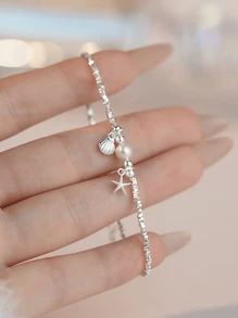 1pc 925 Sterling Silver Pearl Starfish Shell Bracelet - Unique Beach-Inspired Design Adorned With Silver Plates, Perfect Summer Gift For Mom Or To Create Coastal-Chic Looks