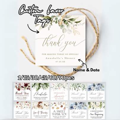 1/15/30/45/60/90 Stücke Gastgeschenk-Etiketten mit Blumen - Wähle dein Blumenmuster, Schriftarten und Schriftfarbe - personalisierte runde Gastgeschenk-Etiketten, individuelle Hochzeits-Gastgeschenk-Etiketten | personalisierte Dankeschön-Etiketten | Geschenk-Etiketten für Hochzeit, Bridal-Shower, Geburtstags-Party, Weihnachten, Erntedankfest, personalisierte Mini-Hochzeits-Gastgeschenk-Etiketten mit individuellem Namen & Datum Dankeschön-Etiketten Party-Dekoration | Hänge-Etiketten für Geschenkverpackung & Feiertags-Dekorationen