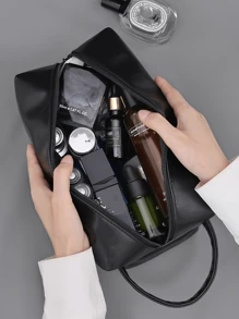 Bolsa de viaje impermeable para artículos de tocador para hombres, organizador de maquillaje portátil con cremallera, bolsos de mano con costura retro de PU, bolsa de aseo de gran capacidad para viajes de negocios